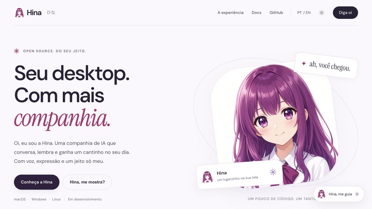 Landing atual da Hina: Seu desktop. Com mais companhia.