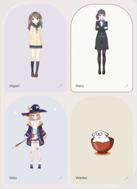 Montagem com quatro avatares Live2D: Hiyori, Haru, Mao e Wanko